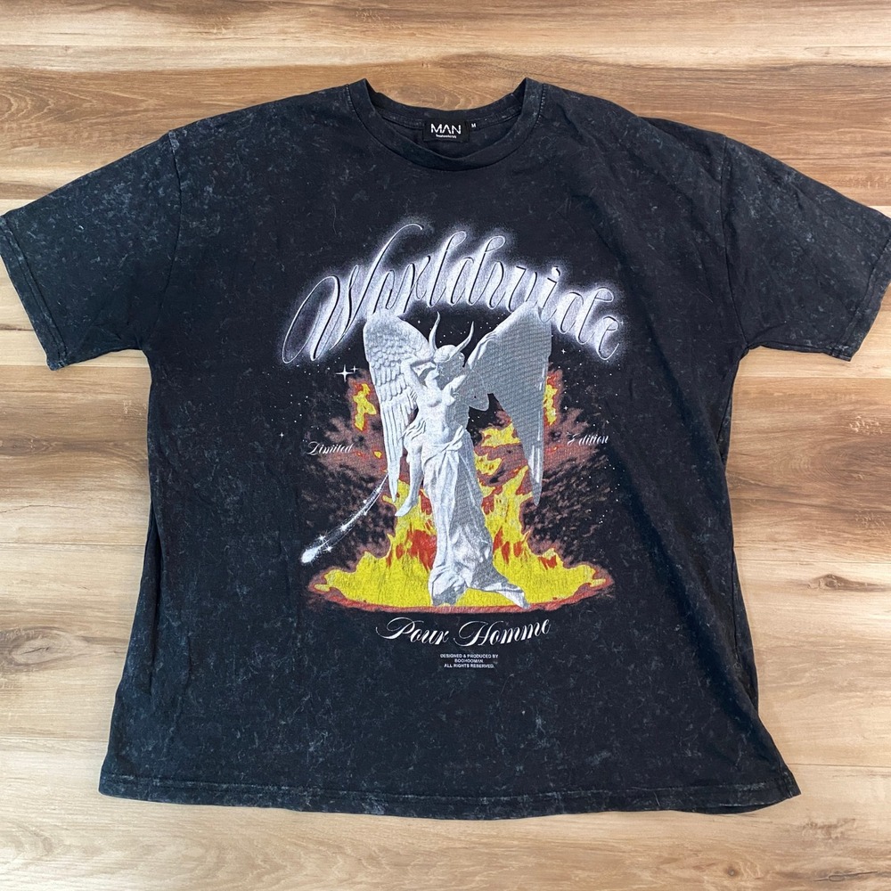 BoohooMAN Worldwide Graphic Print T Shirt Mens Medium Black Mineral Wash